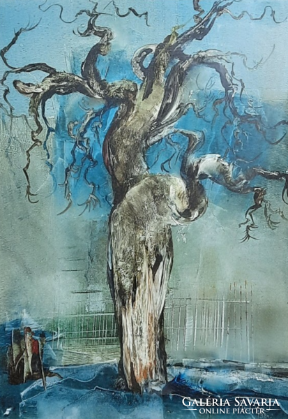 Magányos fa, megcsavaradott ágakkal - Saly Németh? szürreális festmény 1980-ból