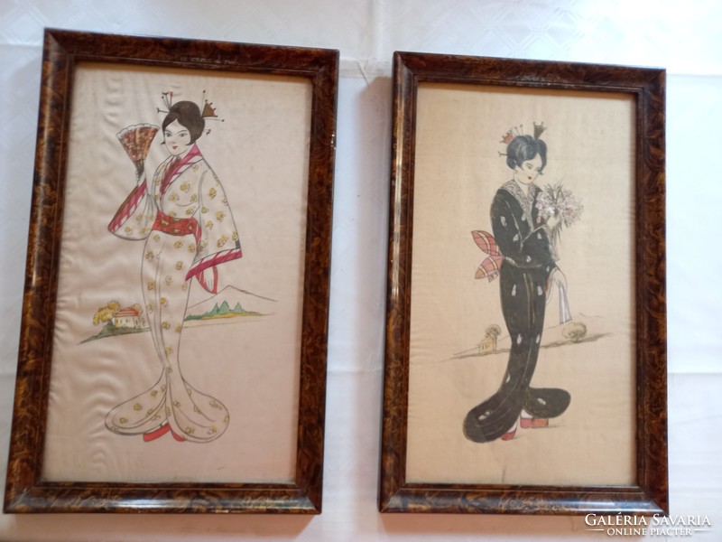 2 pcs 1 price hand-painted silk gesa under glass in a frame.
