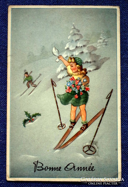 Art deco grafikus Újévi üdvözlő képeslap gyerekek síelnek