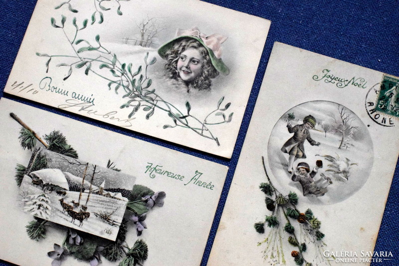3 darab Antik VV Vienne grafikus Újévi üdvözlő képeslap