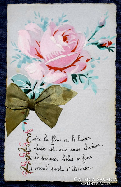 Antik kézzel festett üdvözlő képeslap valódi selyem szalaggal Rózsa  mondókával