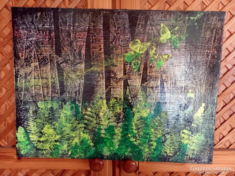 "Erdő mélyén-absztrakt"festmény farostlemezen 40 x 54 cm