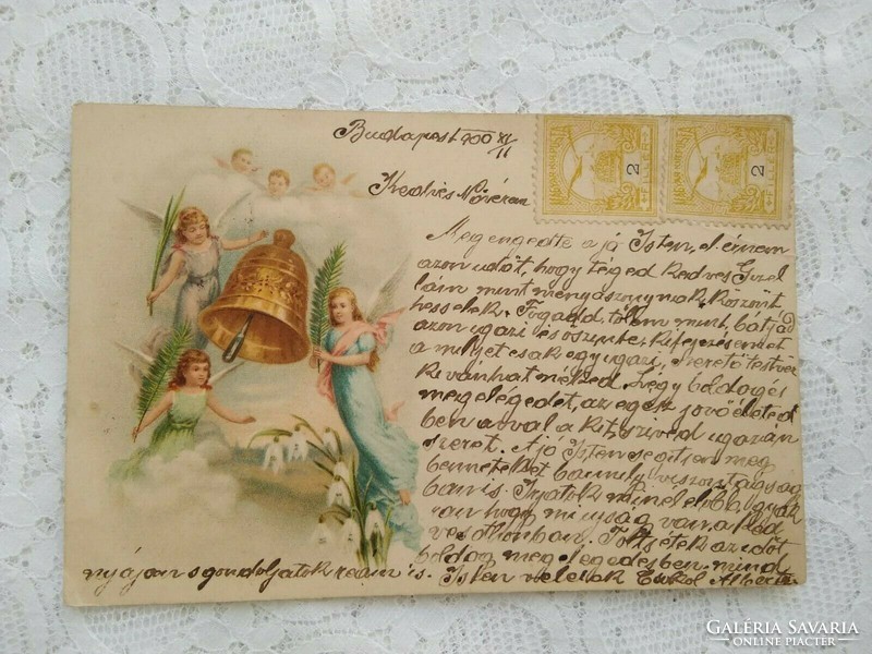 Szecessziós, litho/litográfiás képeslap/üdvözlőlap angyalokkal, hóvirág, harang 1900-ból