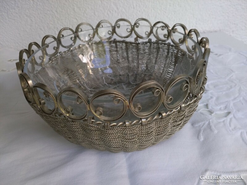 Filigree braided silver-plated serving glass bowl