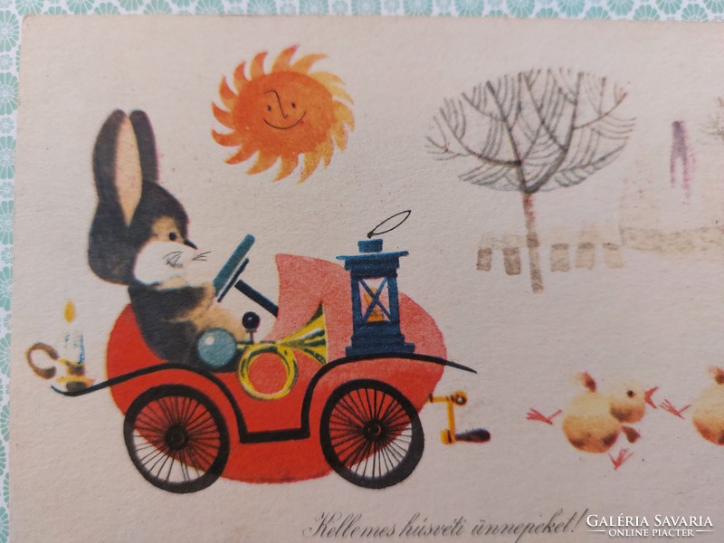 Régi húsvéti rajzos képeslap nyuszis csibés levelezőlap
