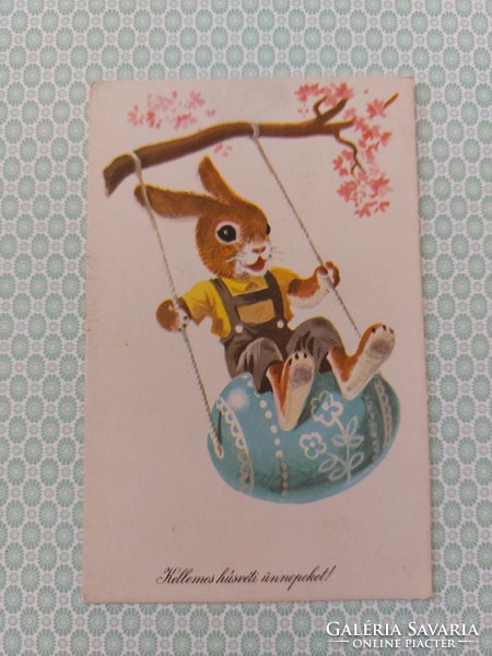 Régi húsvéti rajzos képeslap hintázó nyuszis levelezőlap