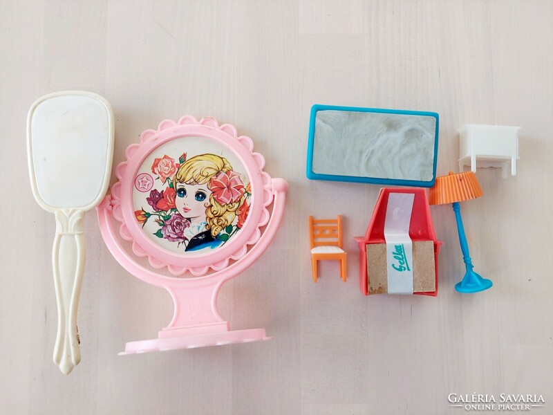 7-piece retro dollhouse doll furniture and toiletry set, mirror, fireplace, table, chair, comb