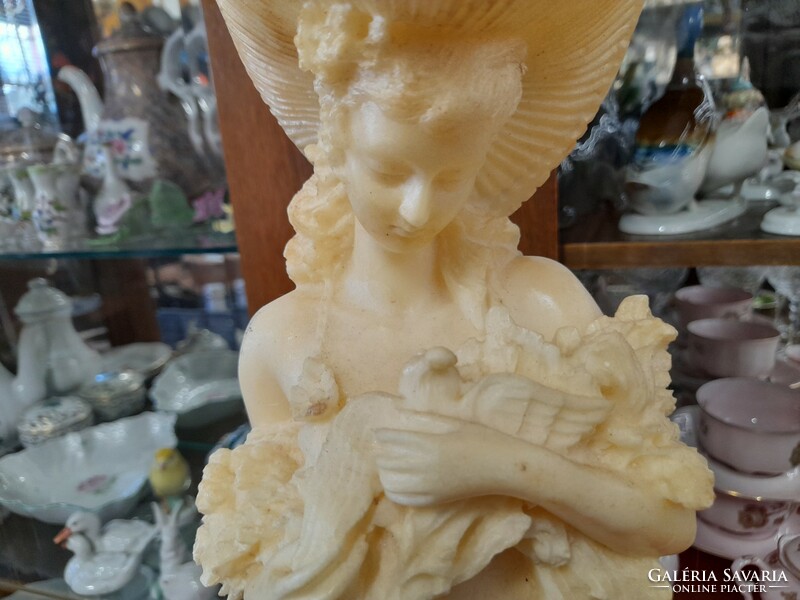 Large alabaster figure statue of a lady with a dovecote hat. 50 Cm.
