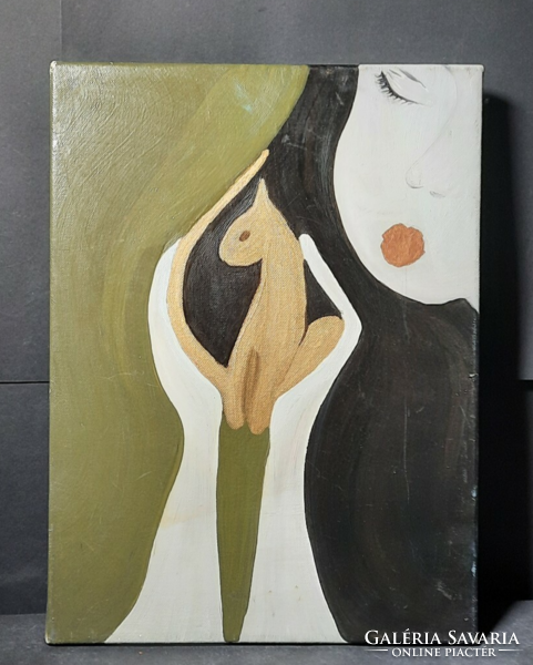Gondoskodás - lány és a lényecskéje (olaj, vászon, 40x30 cm) azonosítatlan művész, modern, kortárs