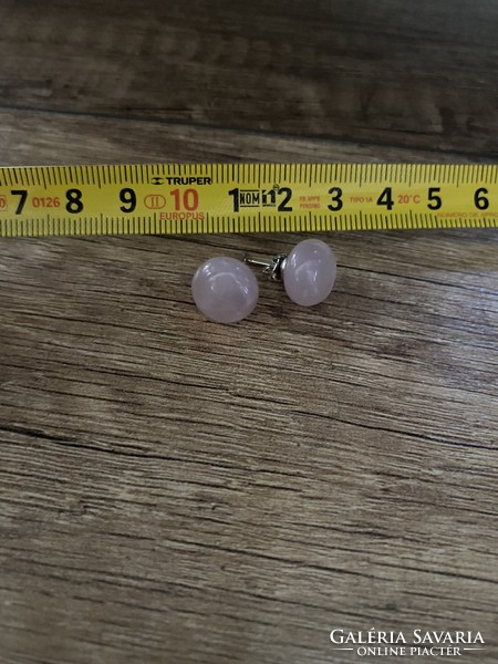 Polished rose quartz button with ear - steel assembly