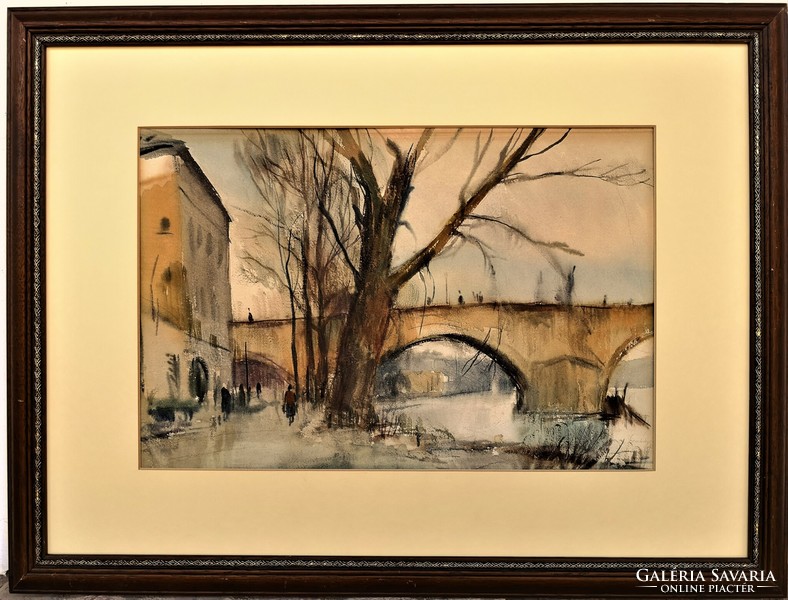 Szalóky Sándor (1921 - 1978) Híd a Szajna Felett 1961 c. festménye Eredeti Garanciával!