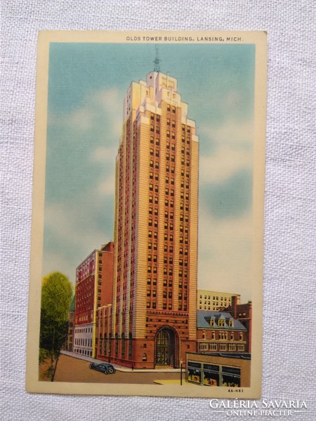 Antik amerikai grafikus képeslap, USA Michigan Olds Tower Building, városkép 1930 körüli