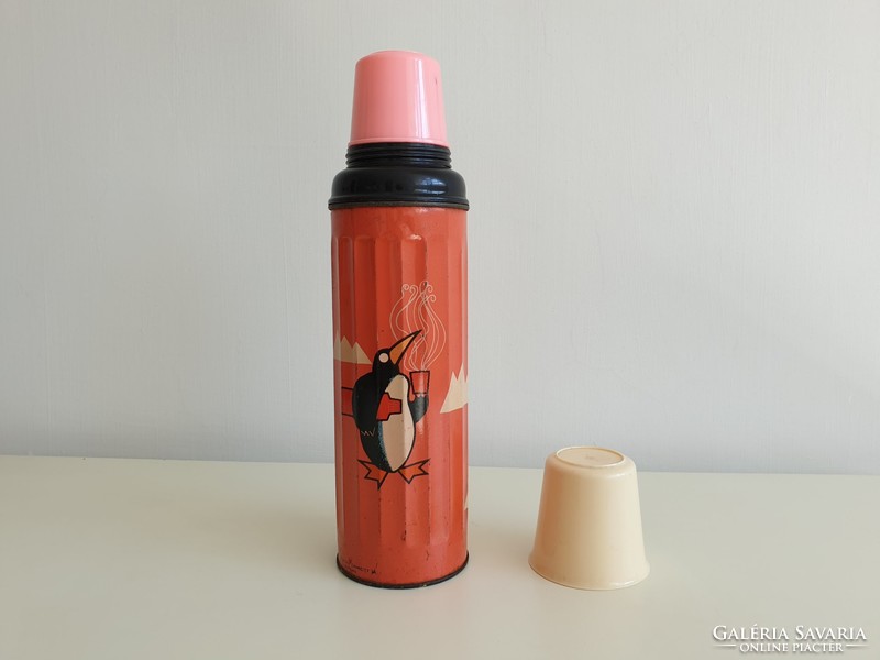 Retro old penguin pattern metal thermos with glass insert mid century decoration