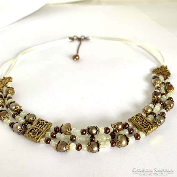 Byzantine style necklace with real pearl and mineral pearl eyes handmade necklaces, 3-row chain