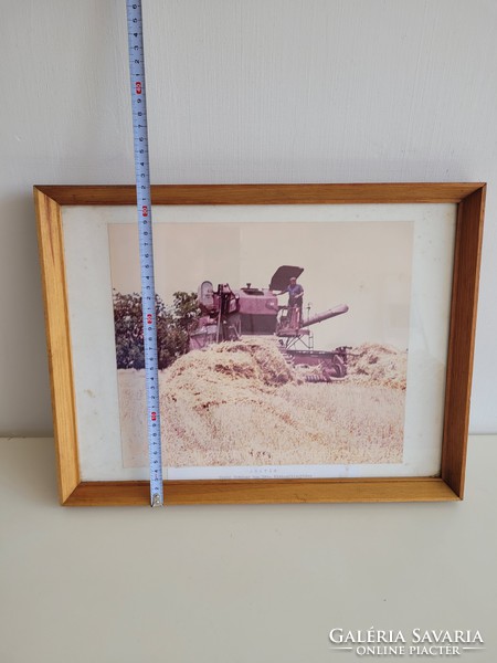 Old retro harvest combine agricultural photo image in a glass frame red October mg no