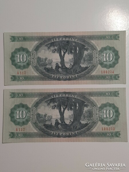 10 forint bankjegy 1975  A 117  2 db sorszámkövető  UNC