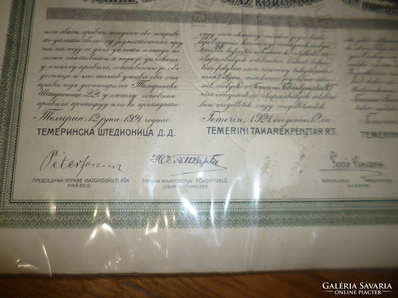 Old paper share Temerin savings bank rt. 1921