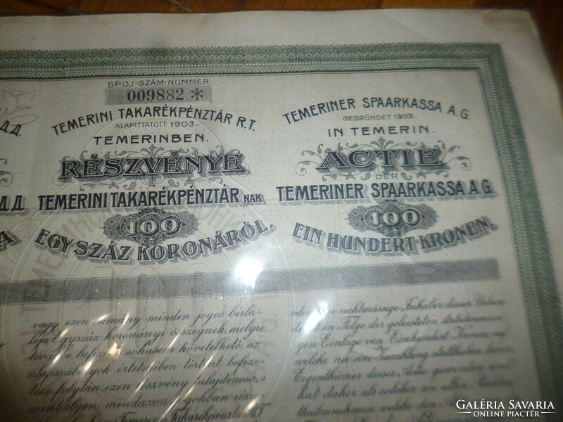 Régi papír részvény temerini takarékpénztár rt . 1921