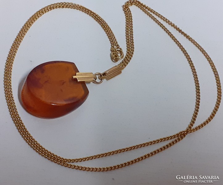 Old Russian marked genuine amber stone pendant on a long chain