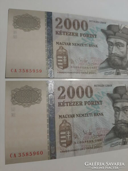 RITKA ! 2000 forint bankjegy  2005 UNC  Sorszámkövető pár  CA sorozat