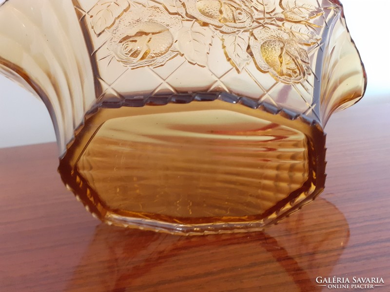 Régi retro üvegkosár art deco üveg tál borostyán színű gyékényfüles üvegtál rózsás dísztál kínáló