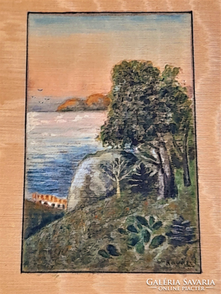 Landscape painted on silk, in a gilded, glazed blonde frame
