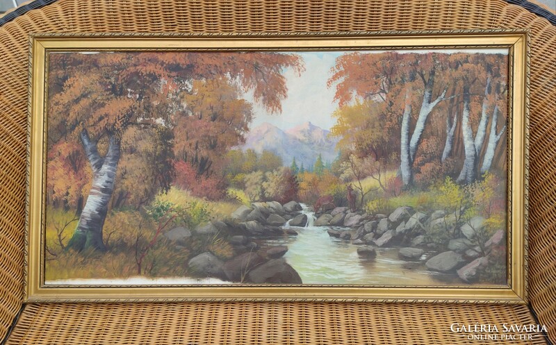 Large, old, antique, canvas painting (landscape of deer drinking from a stream) for sale