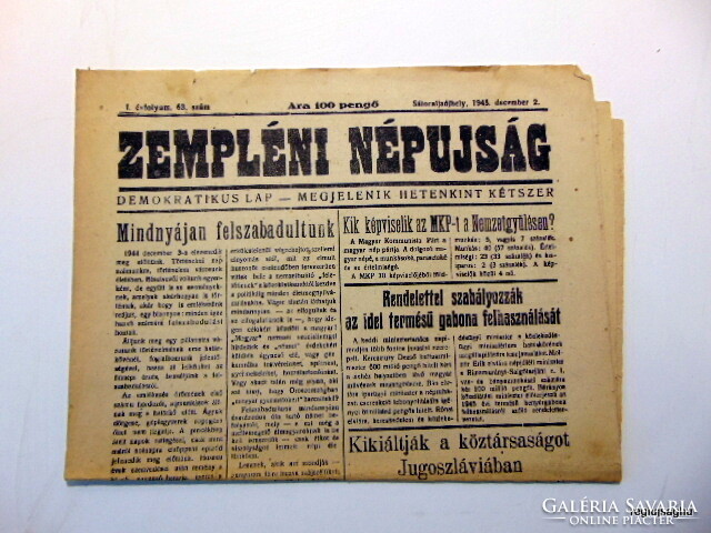 1945 December 2 / Zemplén People's Gazette / for a birthday!? Origin newspaper! No.: 22206