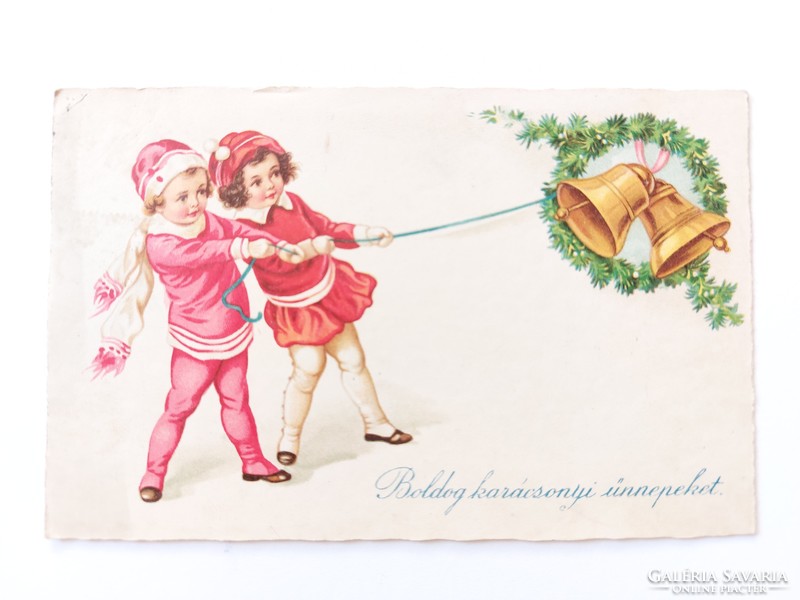 Old Christmas card 1930 postcard children bell