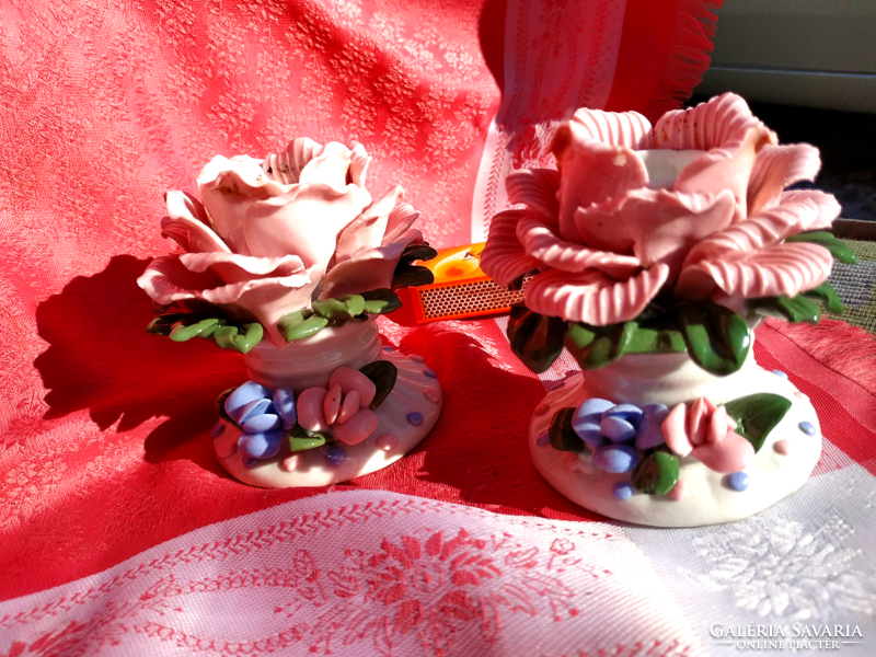 Pair of hand-shaped rose porcelain candle holders