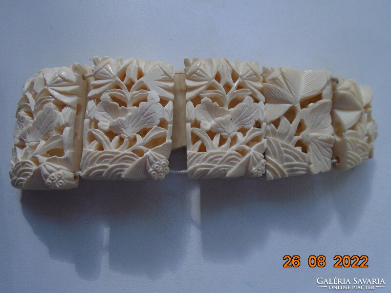 Antique, hand-carved bone, openwork oriental plant pattern wide bracelet