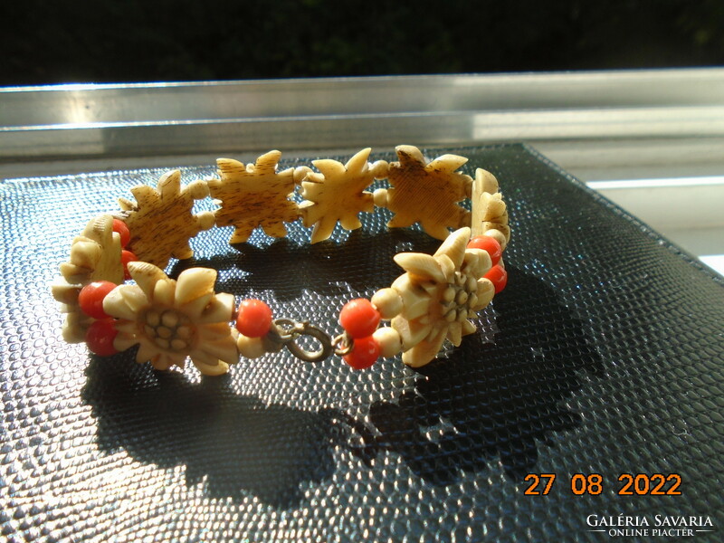 Victorian Swiss Hand Carved Bone Mountain Grass Pattern Bracelet with Coral Beads