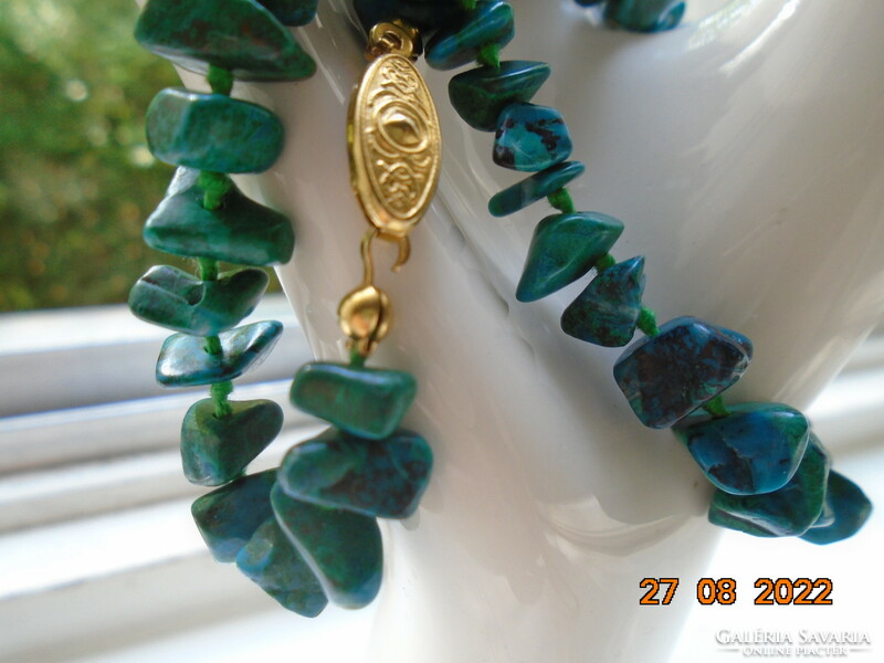 Necklaces made of malachite irregular mineral nuggets with antique gold-plated clasp