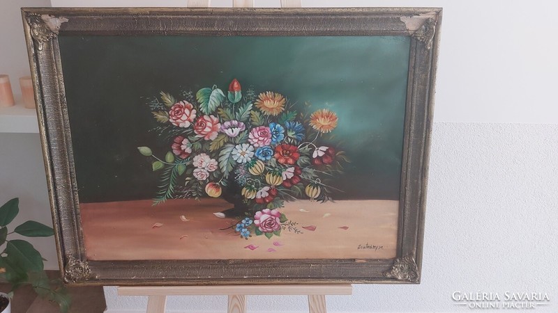 (K) Szép szignózott virágcsendélet festmény 78x57 cm kerettel Szatmáry M