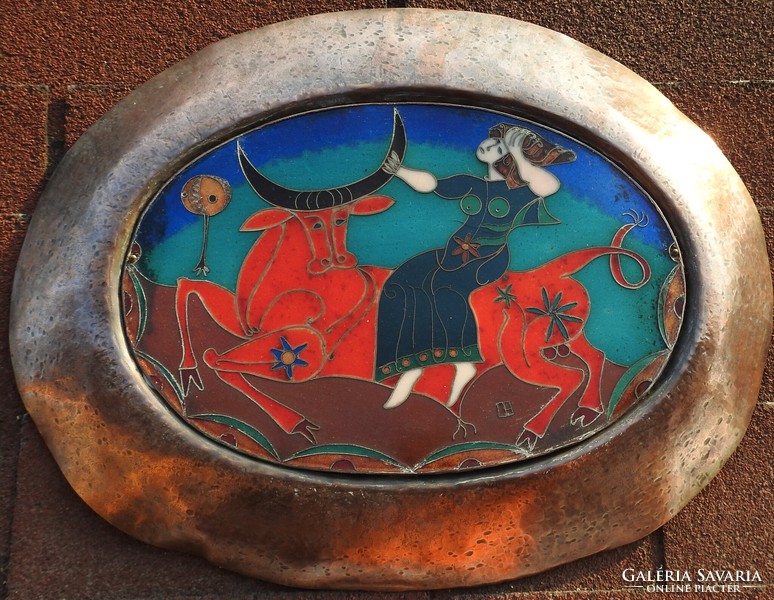 Turi endre fire enamel picture in red copper frame - Abduction of Europe