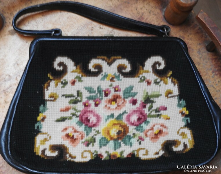 Antique leather tapestry handbag