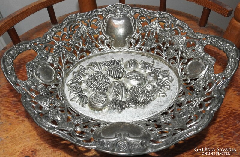 Silver-plated large serving bowl with fruit pattern - centerpiece