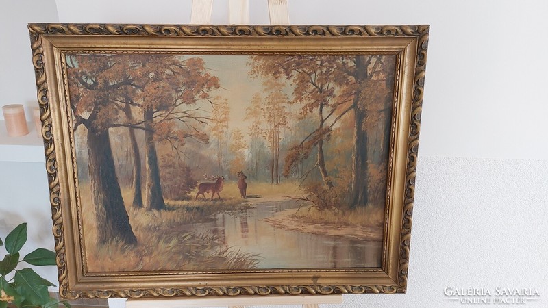 (K) beautiful forest interior painting 80x62 cm with frame. Oil on canvas