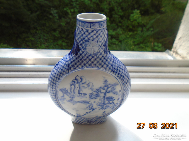 Kangxi blue and white vase hand painted with two different alpine landscapes, pagodas, sign of wealth