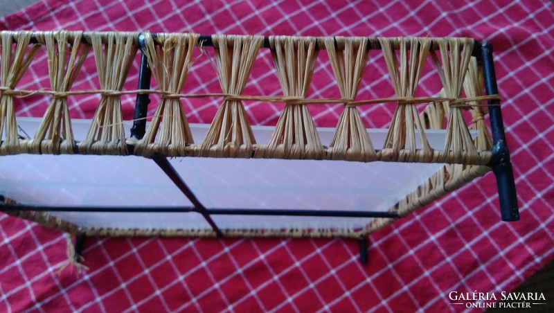 Plexiglas flat tray with retro metal structure, woven with raffia,
