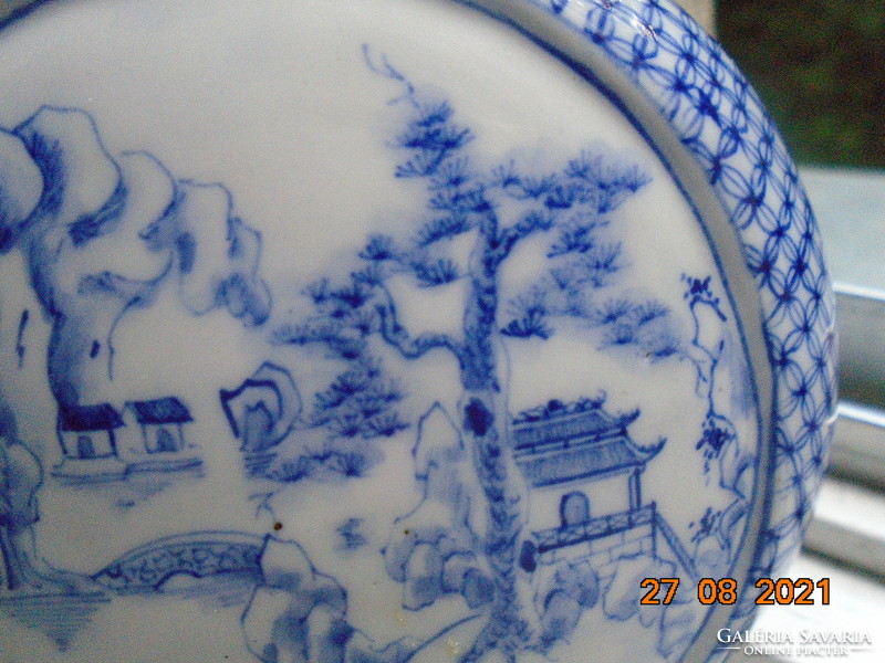 Kangxi blue and white vase hand painted with two different alpine landscapes, pagodas, sign of wealth