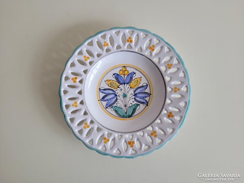 Old retro folk art ceramic openwork wall bowl