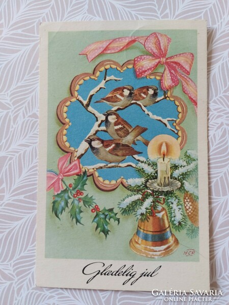 Old Christmas card 1958 postcard sparrows bell