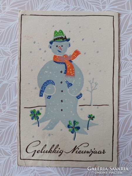 Régi újévi képeslap levelezőlap hóember lóhere szerencsepatkó