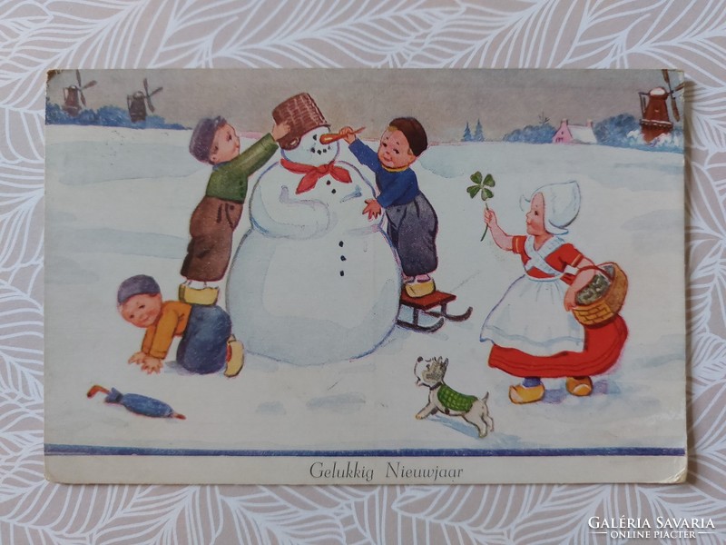 Régi újévi képeslap levelezőlap hóember gyerekek lóhere kiskutya