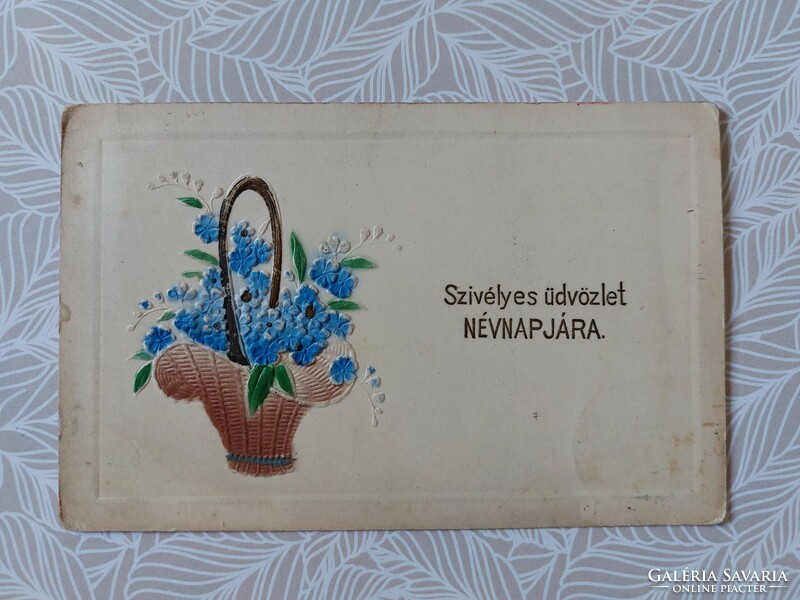 Régi virágos képeslap 1912 dombornyomott levelezőlap nefelejcs kosárban