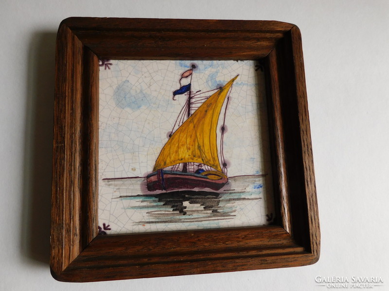 Tichelaar Makkum kézzel festett, keretezett hajós csempekép