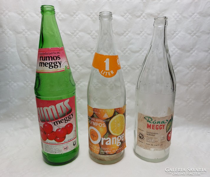 Retro címkés üdítős üveg Olympos Orange Róna Meggy Rumos Meggy 1 literes régi palack