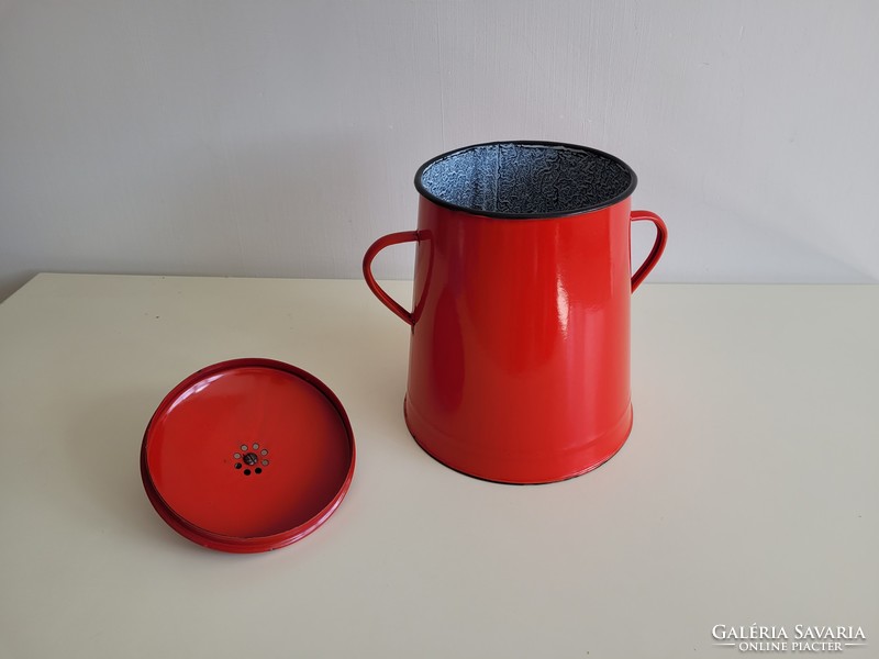 Enameled old vintage red iron 5 l enameled small pot with lid on bucket fat bucket 5 liters