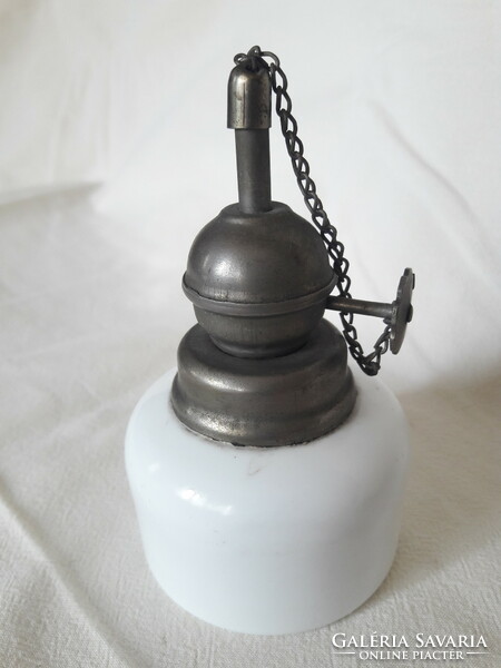 Antique old small vigil petro candlestick, milk glass body, circa 1860, very rare piece, cap